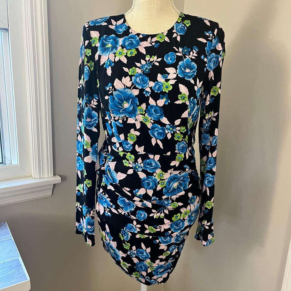 NEW Zara Blue Floral Open Back Ruched Body Con Dress